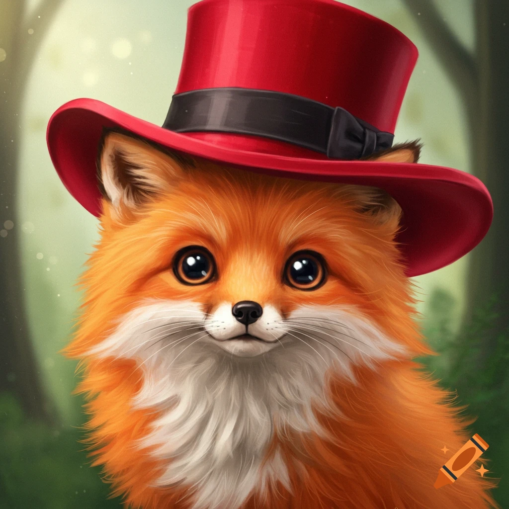 A cute fluffy orange fox wearing a red top hat in a forest.
