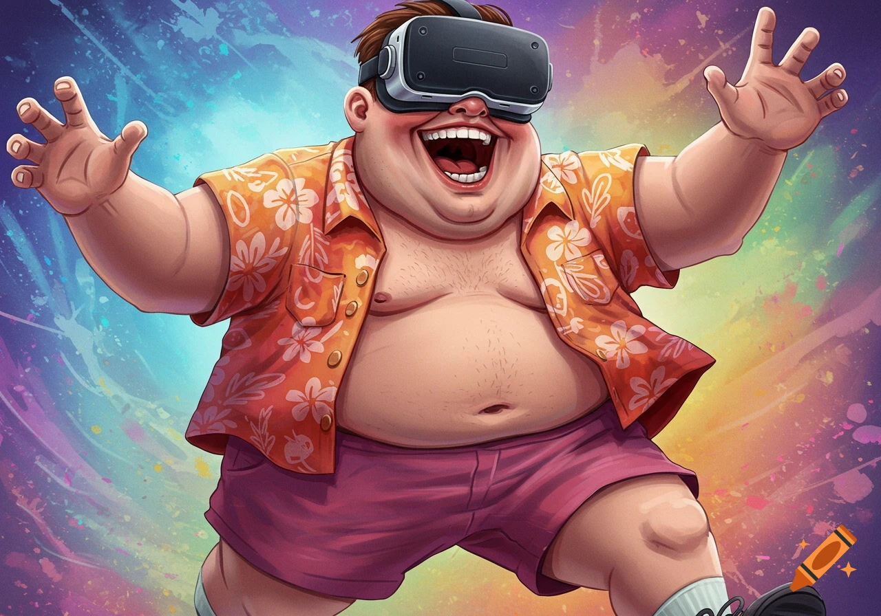 A very excited, chubby man in a Hawaiian shirt and VR headset laughs with arms outstretched, in a vibrant cartoon illustration.