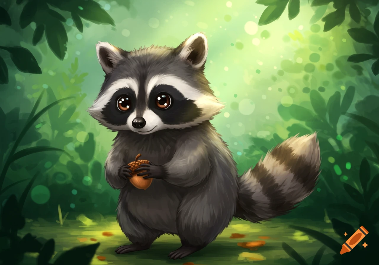 A cute cartoon raccoon with large eyes holds an acorn in a lush green forest.