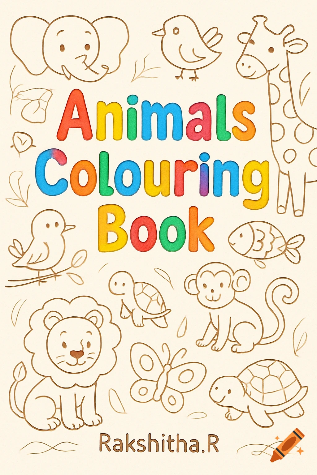A colorful book cover for "Animals Colouring Book" with outline drawings of various animals like an elephant, lion, giraffe, bird, monkey, butterfly, and turtles, and the author's name "Rakshitha.R" at the bottom.