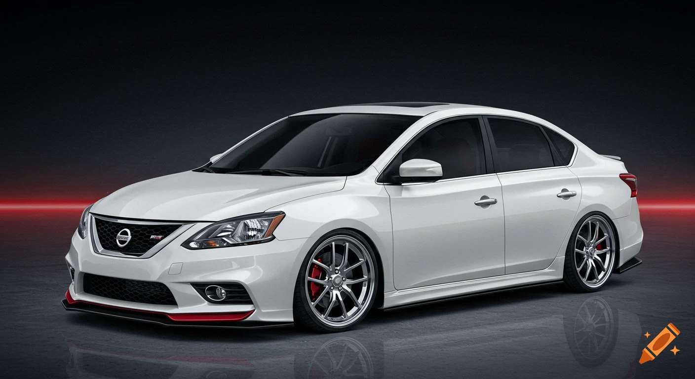 A white Nissan Sentra Nismo sedan with a wide body kit, chrome rims, and tinted windows on a dark background.