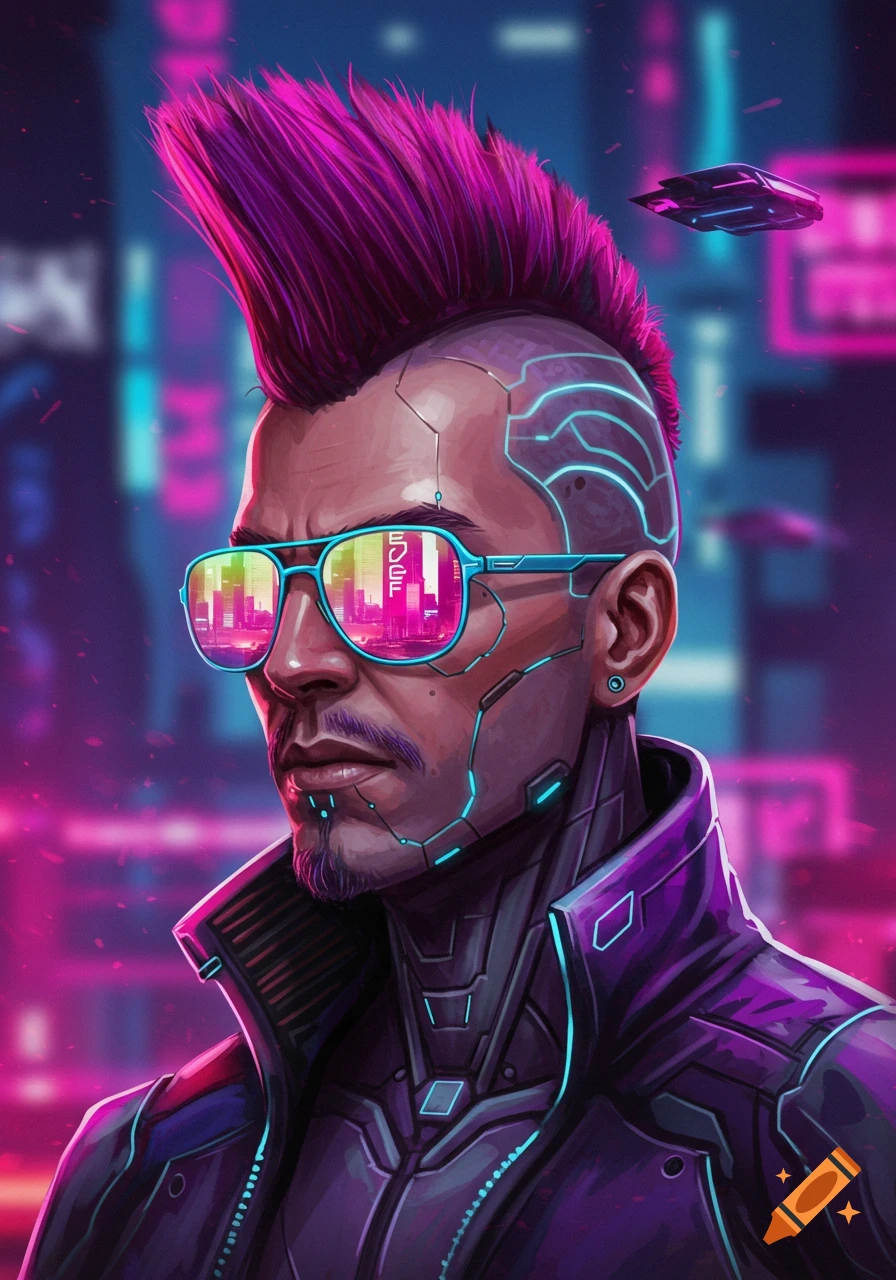 A cyberpunk portrait of a man with a purple mohawk, wearing bright blue futuristic sunglasses reflecting a neon city, and a dark bodysuit.