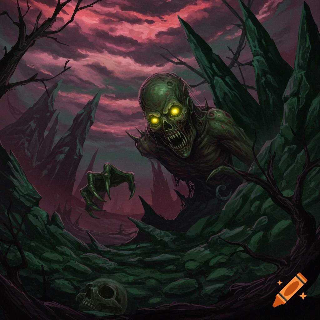 A green zombie-like creature with glowing yellow eyes emerges from dark foliage in a horror landscape with a stormy red sky and a skull.