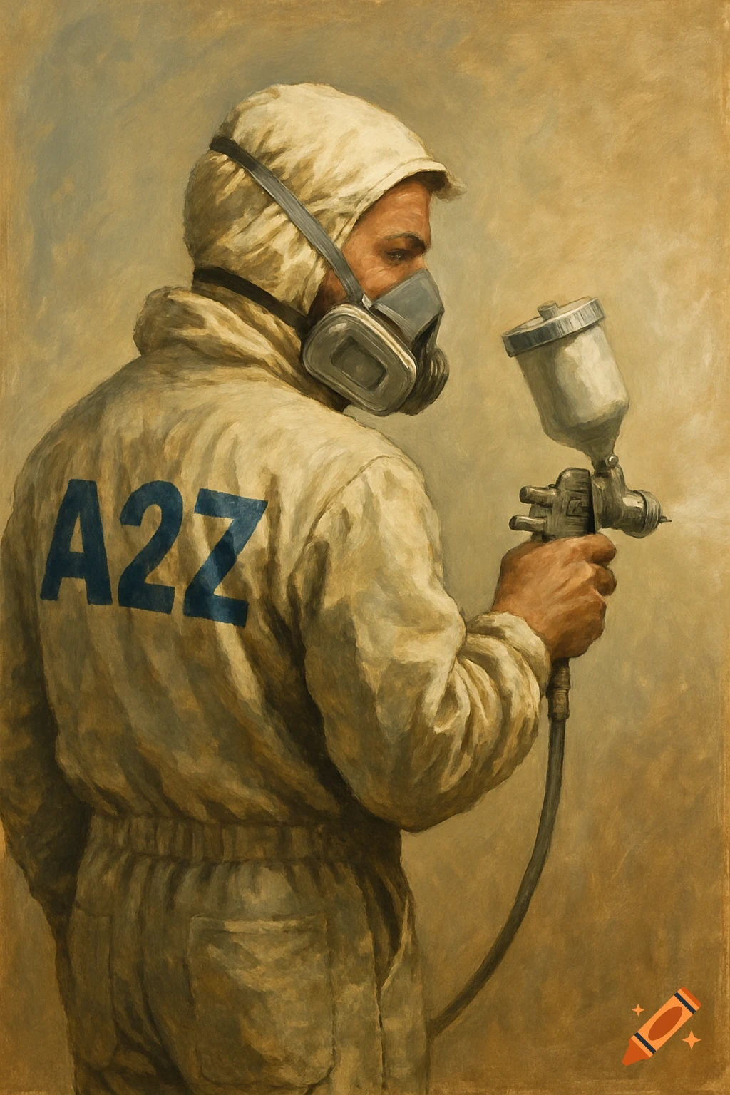 Oil painting of a person in coveralls and a respirator mask, holding a spray gun, with 'A2Z' on their back.