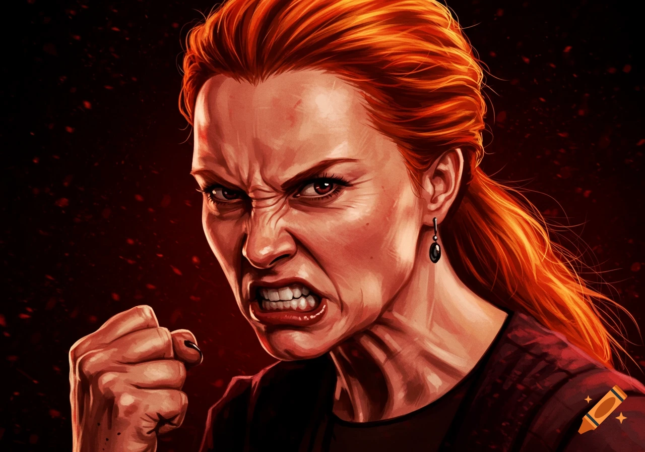 A stylized, close-up portrait of an angry woman with vibrant red hair, clenched fist, and an intense scowl.