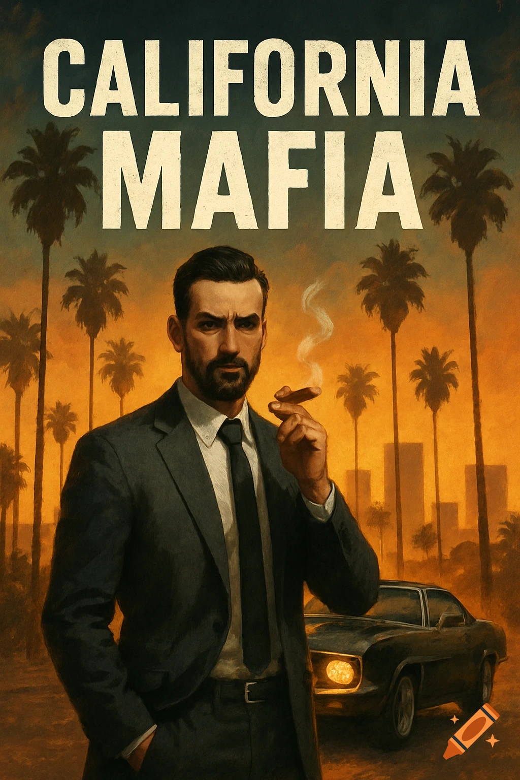 A stylized book cover featuring a stern man smoking a cigar, a vintage car, palm trees, and the title "CALIFORNIA MAFIA".