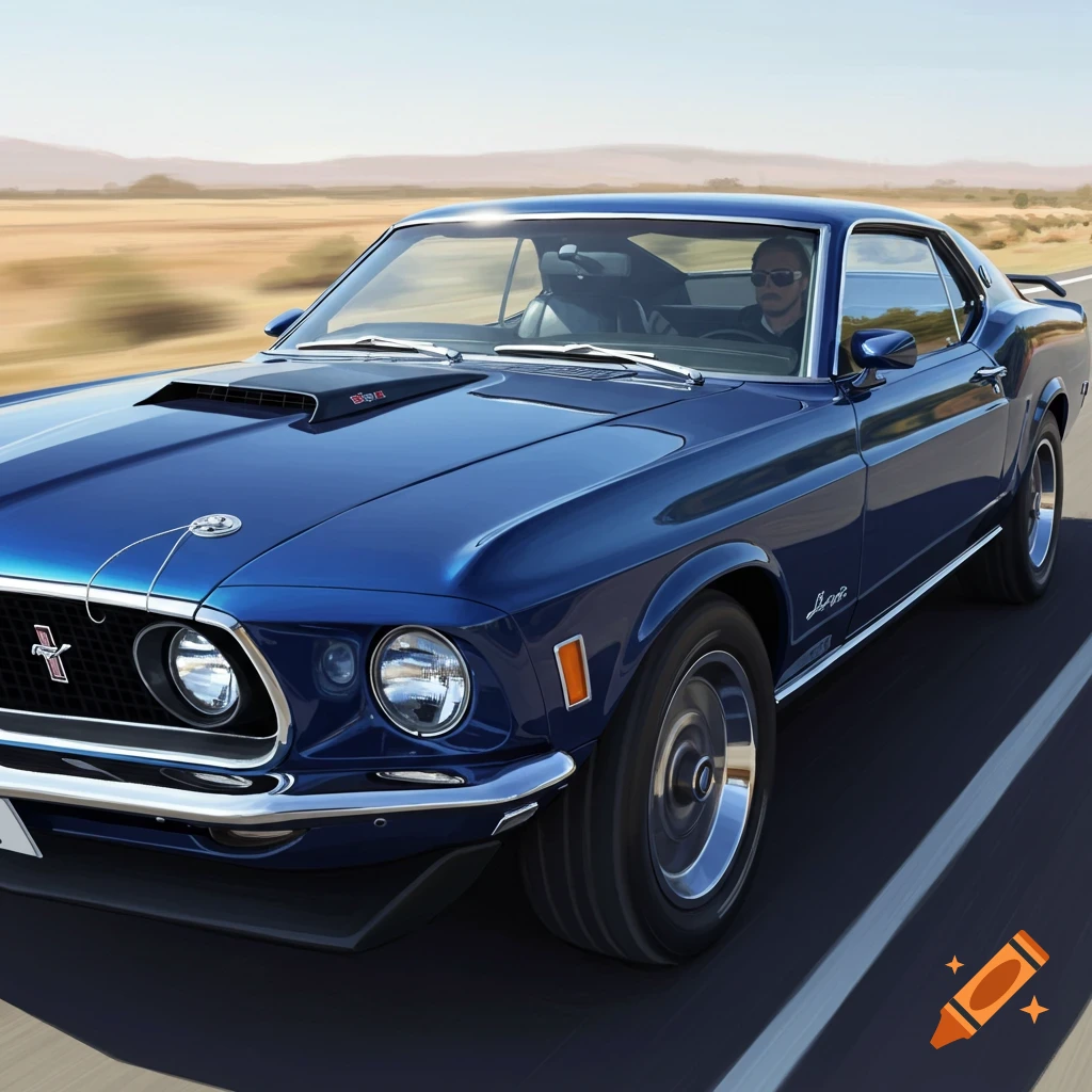 A blue 1969 Ford Mustang Mach 1 drives on a highway through a dry, open landscape under a clear sky.