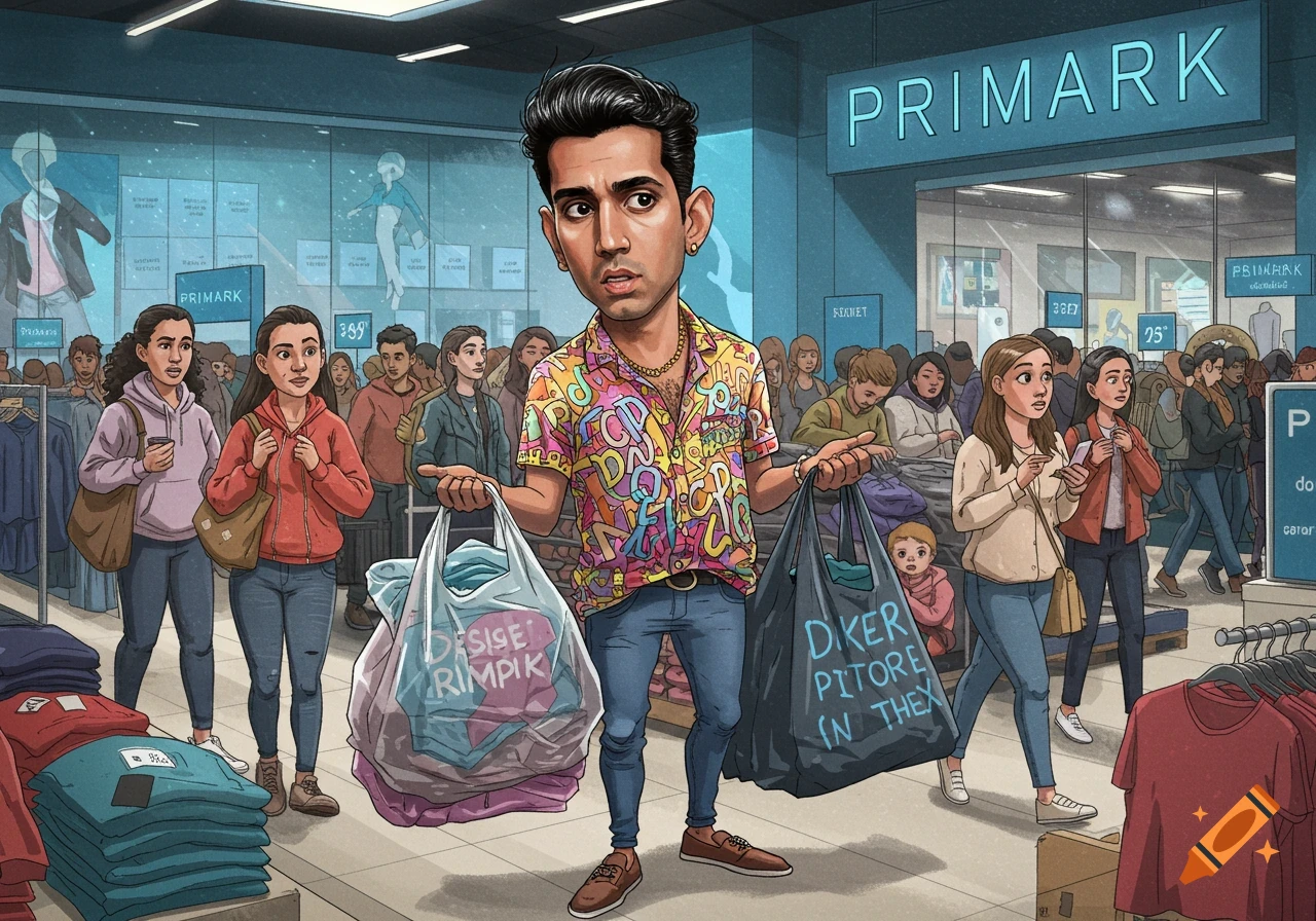 An illustrated image of a man with a large head holding two shopping bags, looking confused in a busy Primark store. Other shoppers are in the background.