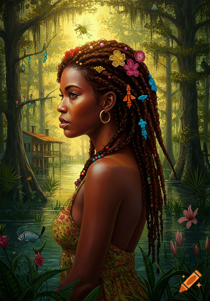 Colorful artistic portrait of a woman with adorned braids in a lush, mystical swamp setting.