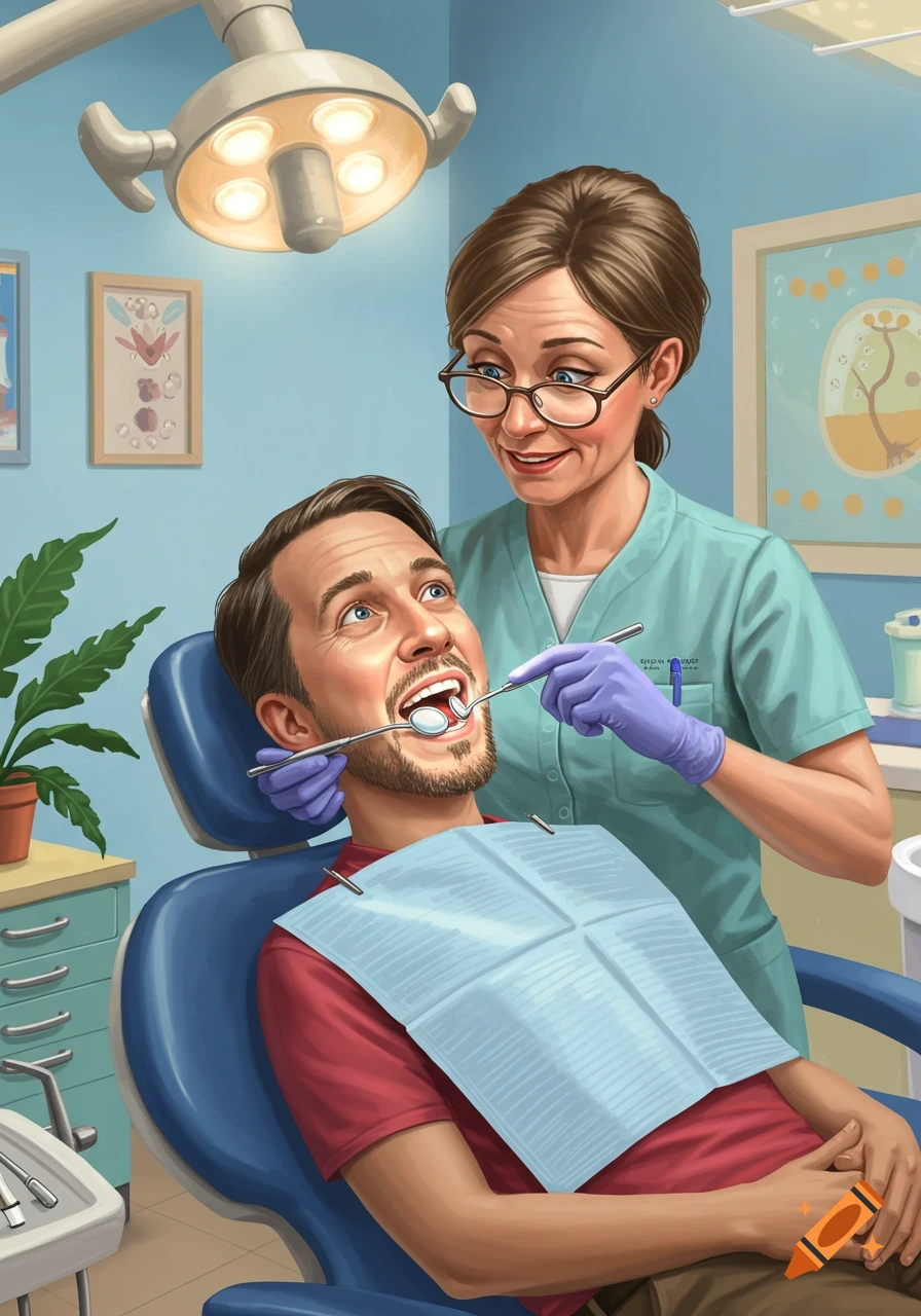 An illustrated scene of a man in a dentist's chair looking up, while a female dentist in scrubs and gloves examines his teeth with a dental mirror and probe.