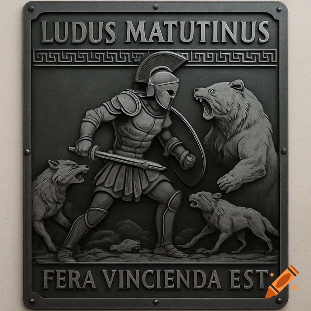 A grey metal relief art depicting a Roman gladiator fighting a bear and two wolves, with 'LUDUS MATUTINUS' and 'FERA VINCIENDA EST' embossed on the sign.