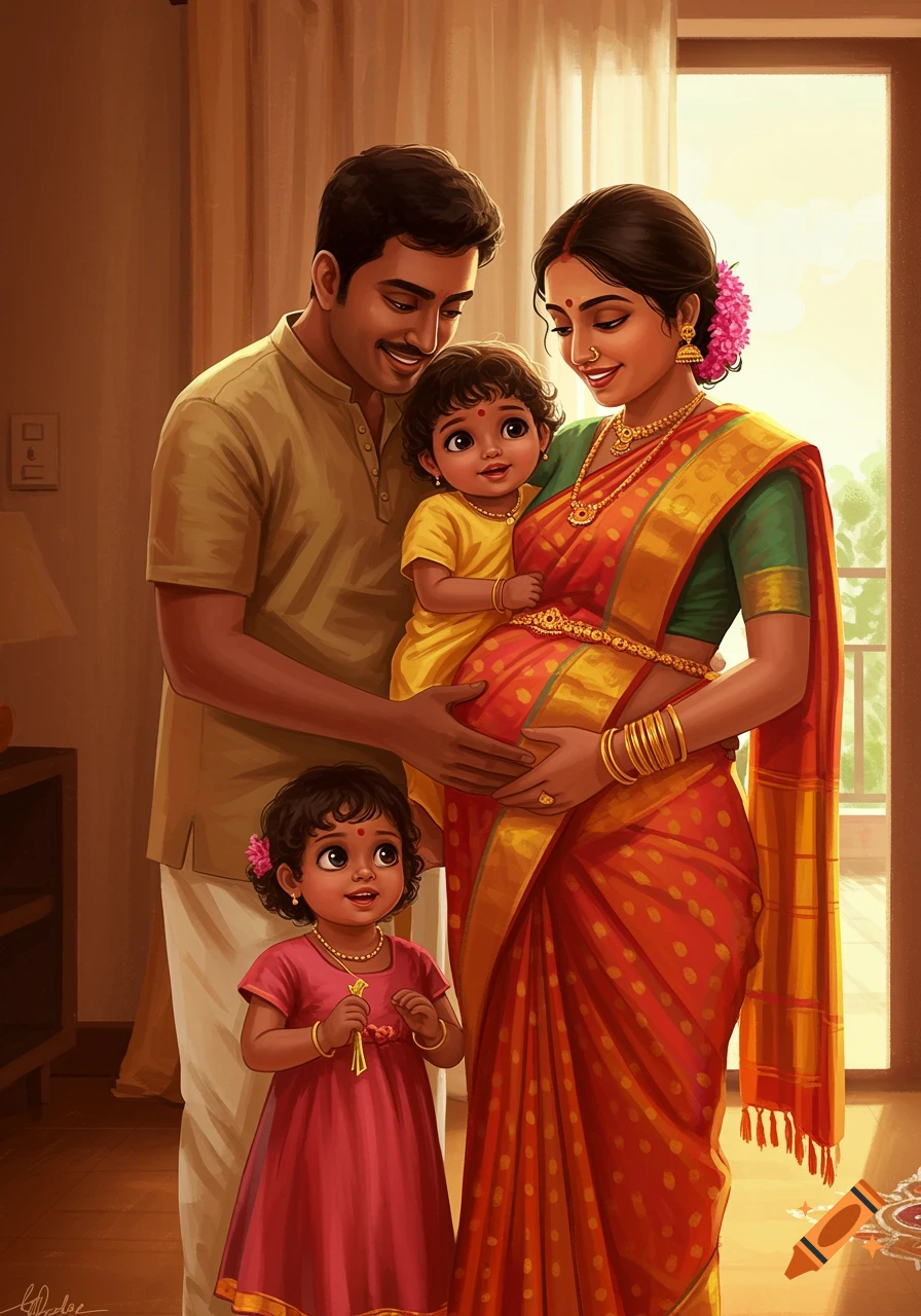 A South Indian family portrait featuring a smiling husband, his pregnant wife, their toddler daughter, and an infant carried by the mother, in a warm, illustrative style.