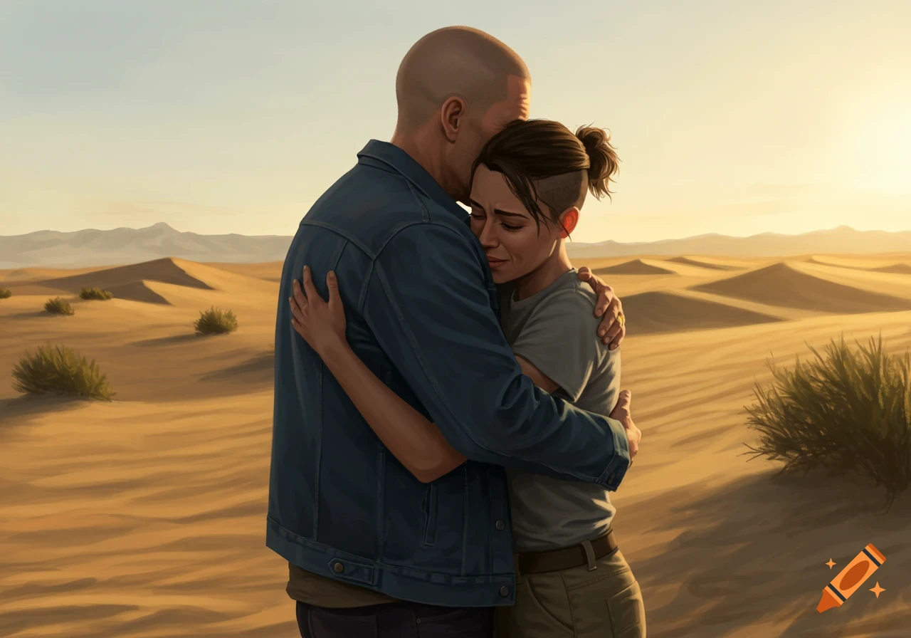 Two people embracing in a vast desert under a golden sunset, a digital illustration.