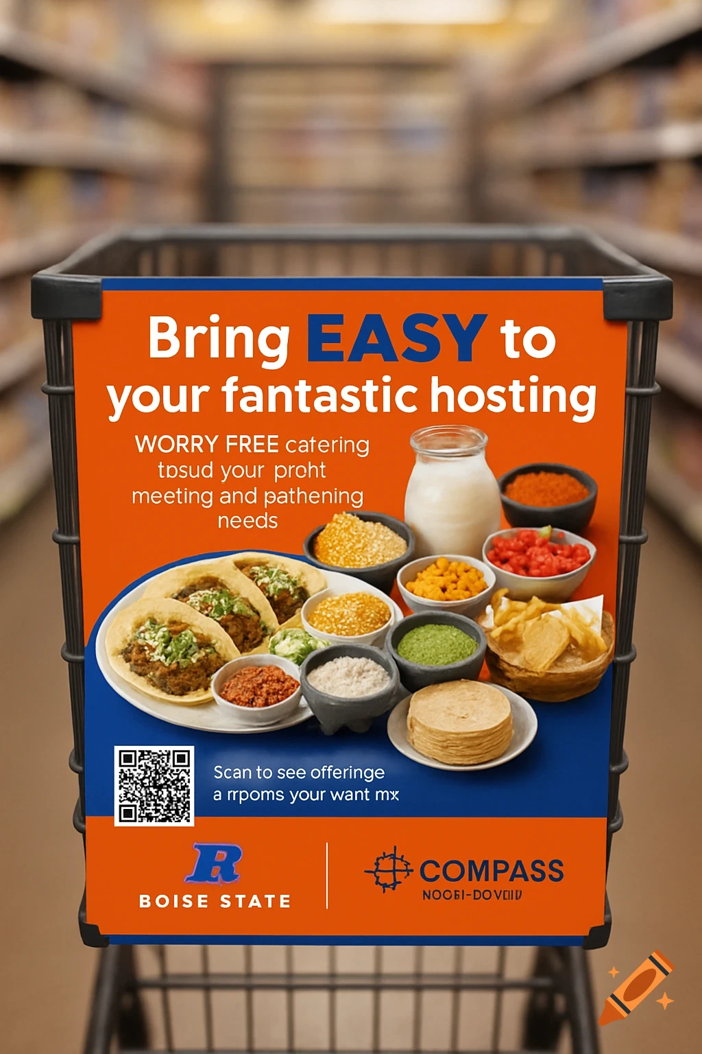 A photorealistic advertisement sign on a grocery cart in an aisle, displaying various Mexican foods like tacos, salsas, and horchata, with text about catering services.
