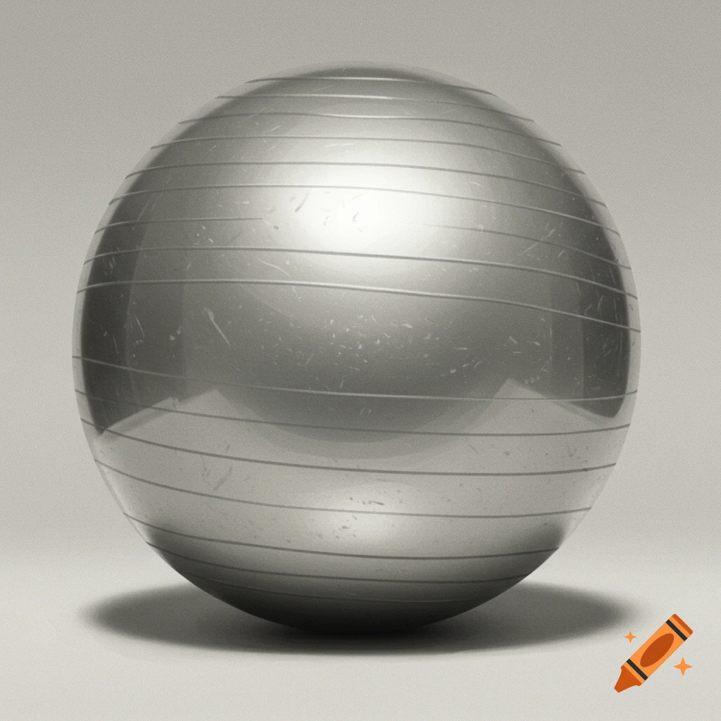 A photorealistic close-up of a silver exercise ball on a light background, casting a shadow.