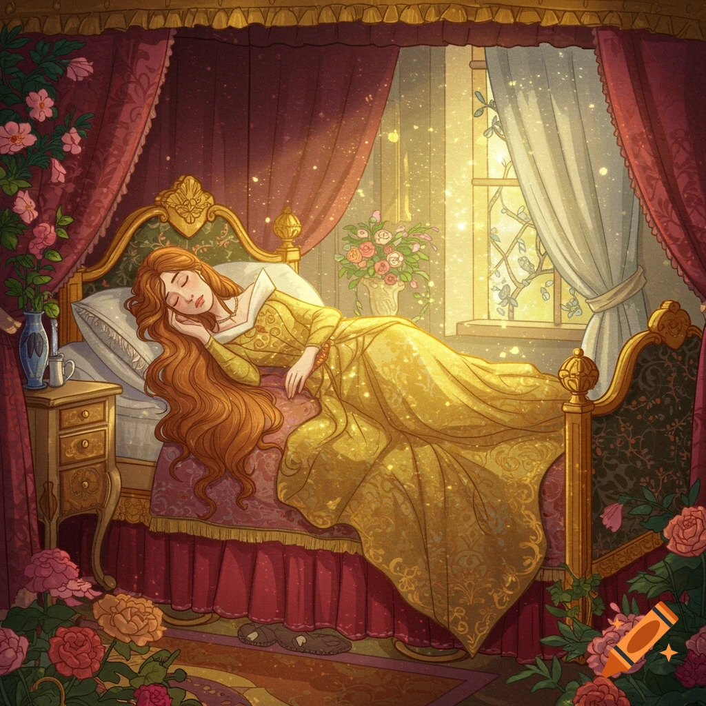 A woman with long red hair sleeps in a lavish four-poster bed, illuminated by sunlight streaming through a window, in an illustrated fairytale style.