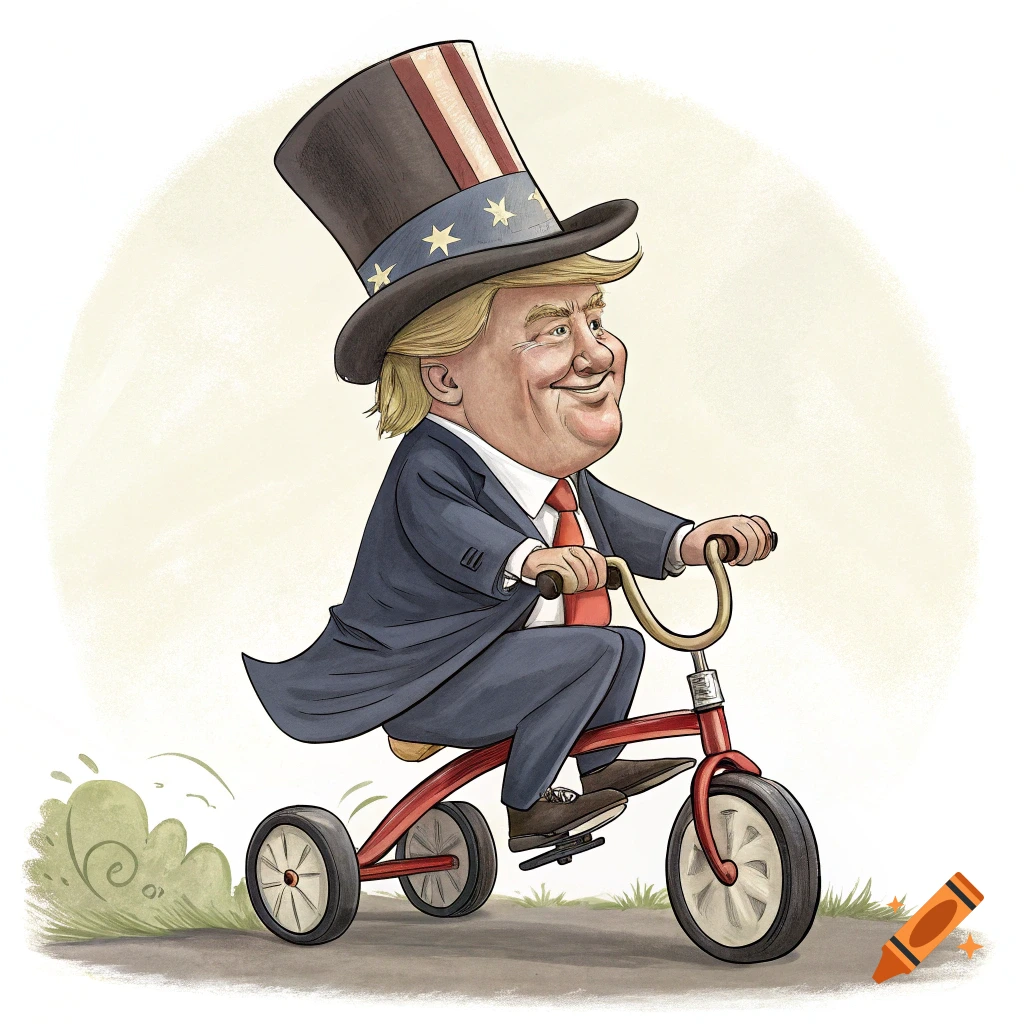 Caricature illustration of Donald Trump wearing an Uncle Sam top hat, riding a tiny red tricycle.