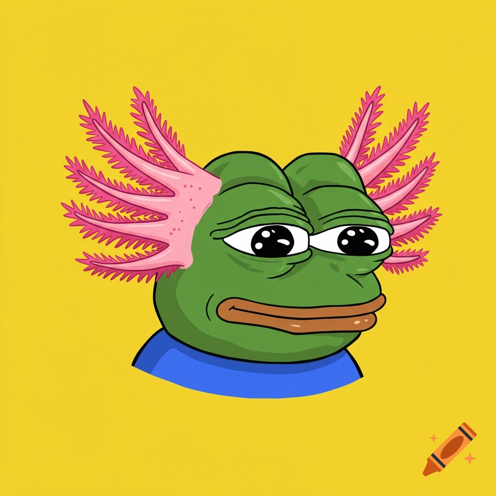 Cartoon Pepe the Frog with pink axolotl gills on a yellow background.