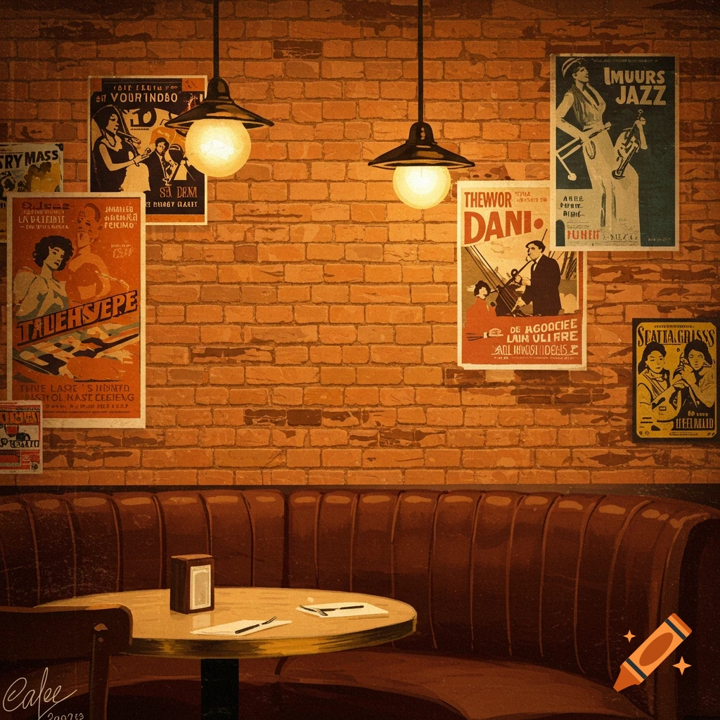 A warmly lit vintage-style cafe interior with a brown leather booth and round table, with several old jazz and art posters on a brick wall.