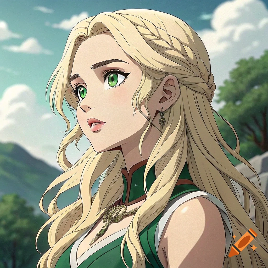 Anime style portrait of a blonde woman with green eyes and a braid ...