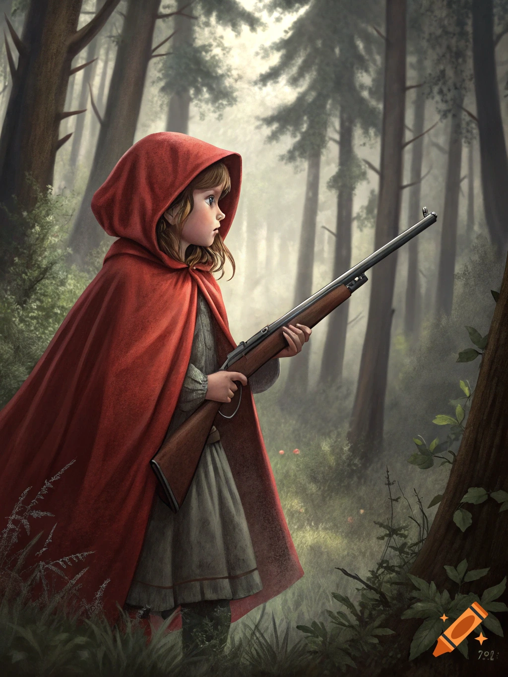 A young girl in a red hooded cloak holds a rifle in a dark, misty forest.