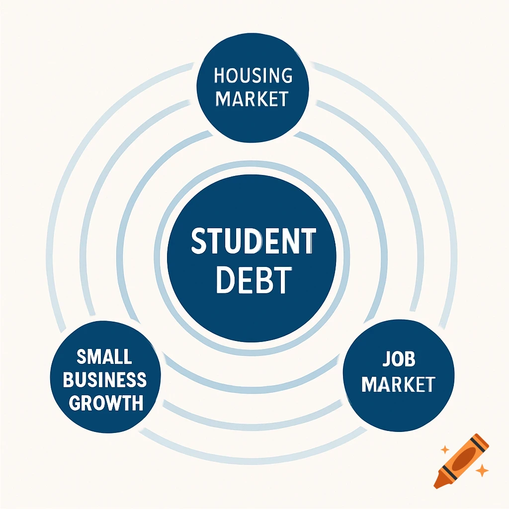 A ripple effect diagram illustrating Student Debt in the center, with Housing Market, Job Market, and Small Business Growth as outer influences.