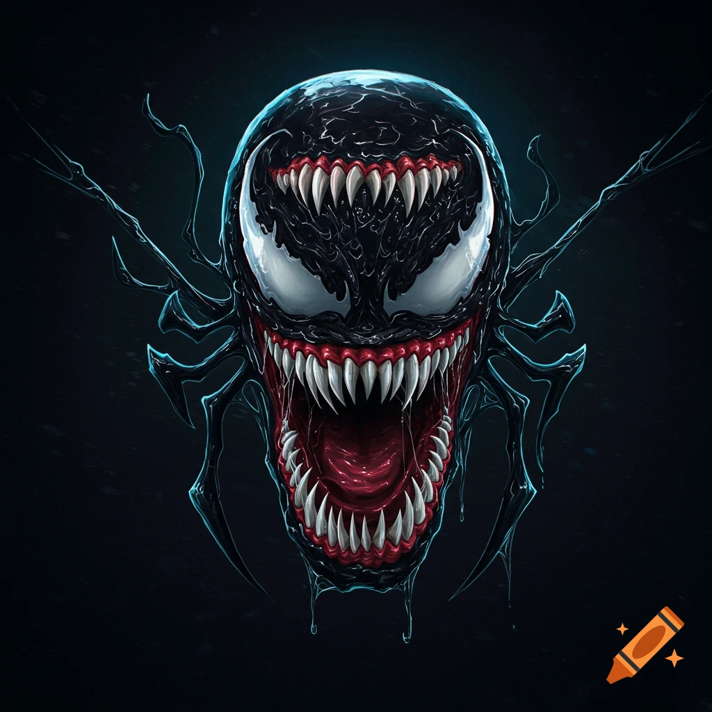 A menacing, illustrative close-up of Venom's head, featuring sharp teeth, a wide open mouth, and white eyes against a dark background.