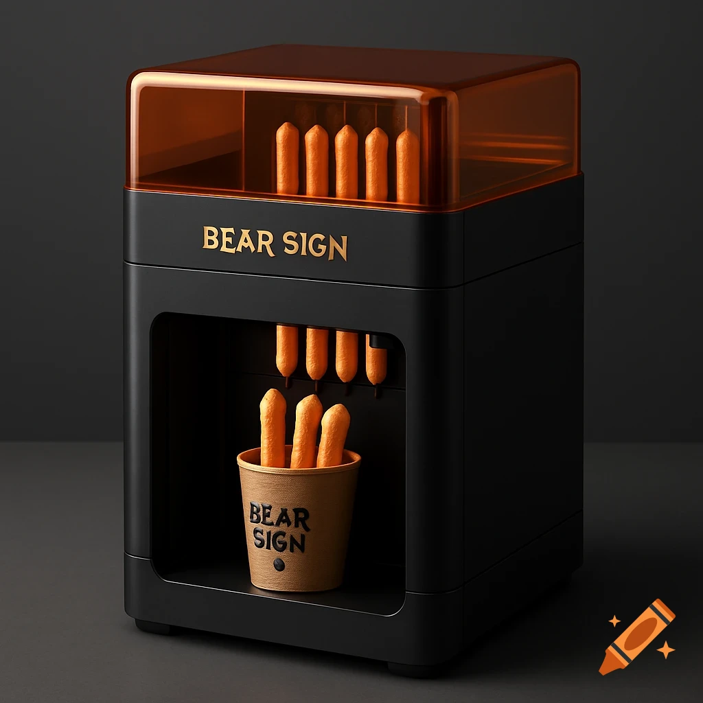 A modern black appliance with an orange transparent top dispenses orange donut sticks into a brown paper cup, with "BEAR SIGN" visible on the machine and cup.