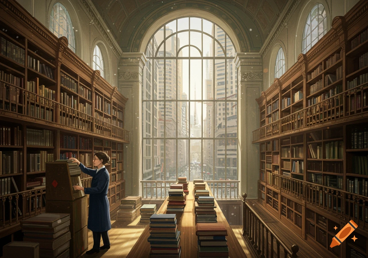 A librarian shelves books in a grand, high-ceilinged library with large windows overlooking a city skyline. Photorealistic style.