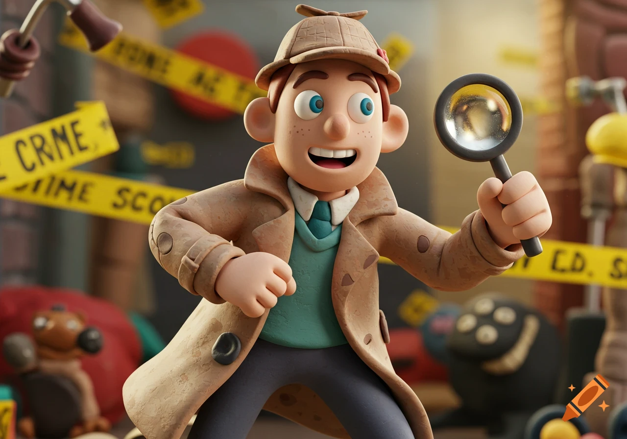 Happy claymation detective in a trench coat and deerstalker hat, holding a magnifying glass at a crime scene.