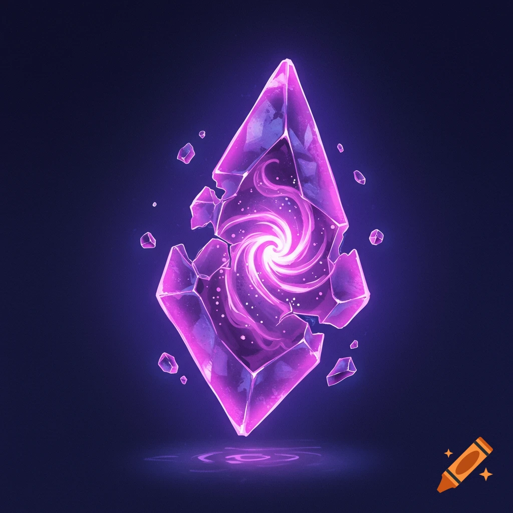 A glowing, shattered purple crystal with a swirling light core against a dark background.