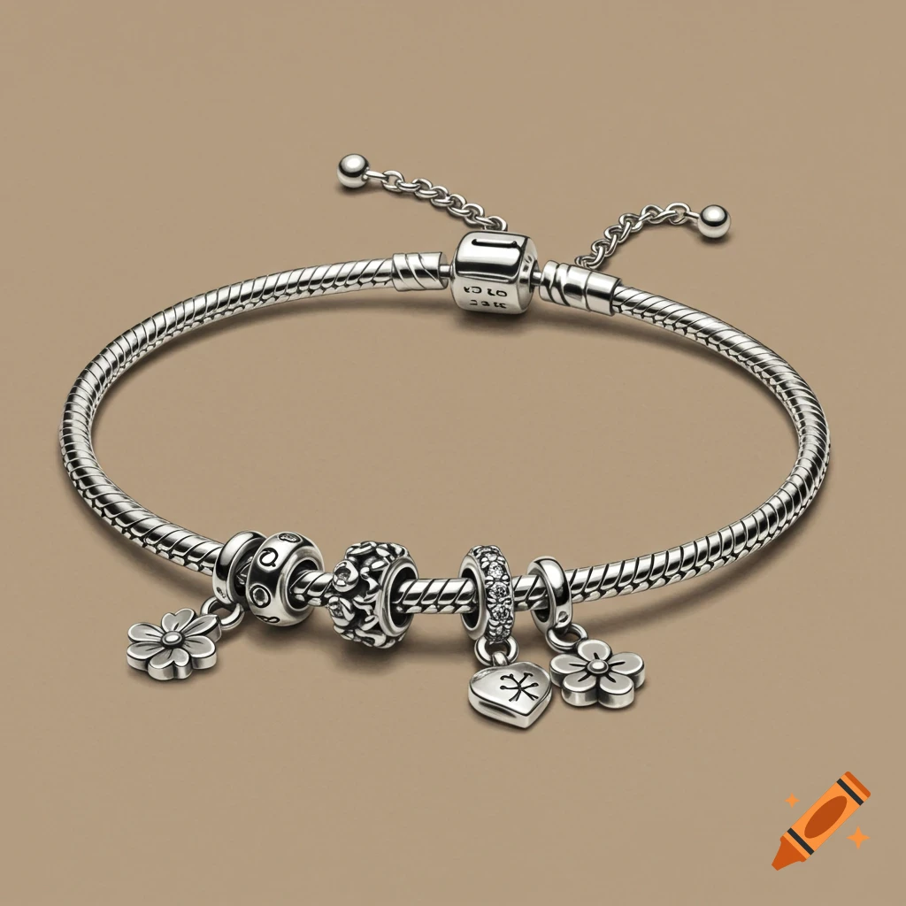 A detailed silver charm bracelet with flower and heart charms on a simple brown background.