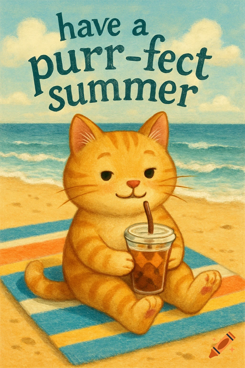 Cute cartoon ginger cat on a striped beach towel holding an iced drink, with ocean and sand behind. Text: 'have a purr-fect summer'.