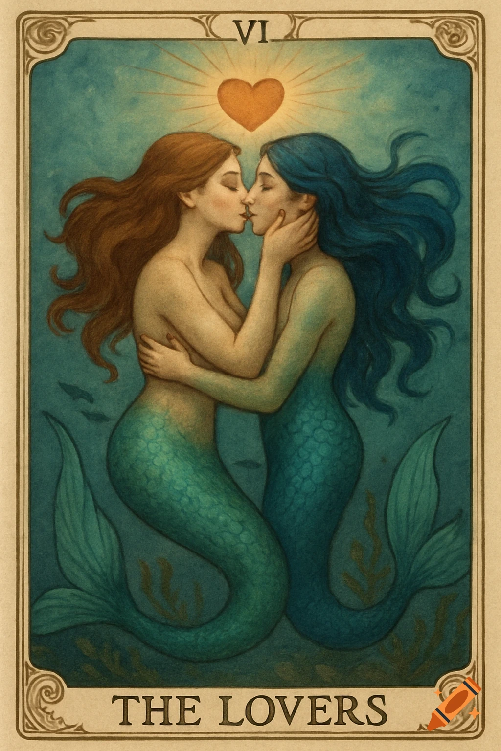 A vintage-style tarot card featuring two mermaids with flowing hair kissing, their bodies intertwined, under a glowing heart.