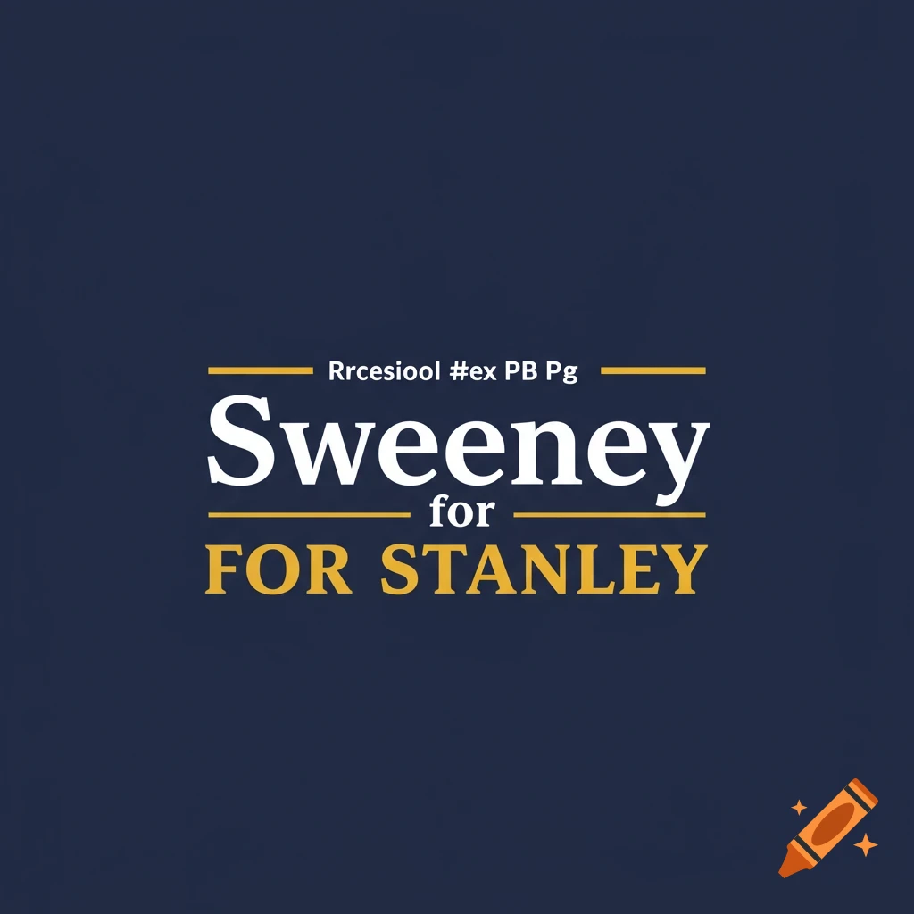 A political campaign logo with the words "Sweeney" in white and "FOR STANLEY" in gold, separated by a gold line, all on a dark blue background. Above "Sweeney" is a line of gibberish text.