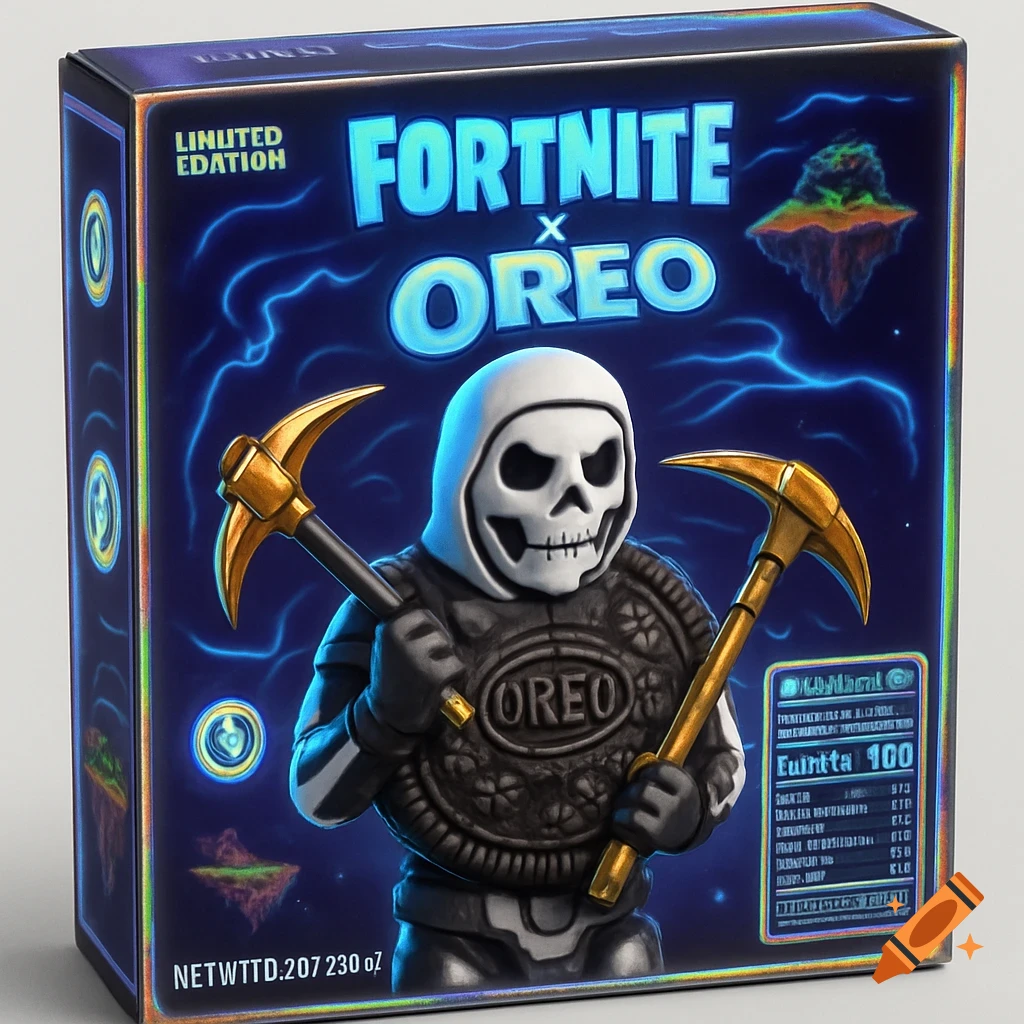 A limited edition Fortnite x Oreo packaging box featuring a Skull Trooper character made from an Oreo cookie, holding golden pickaxes, set against a dark blue background with glowing storm swirls and floating islands.
