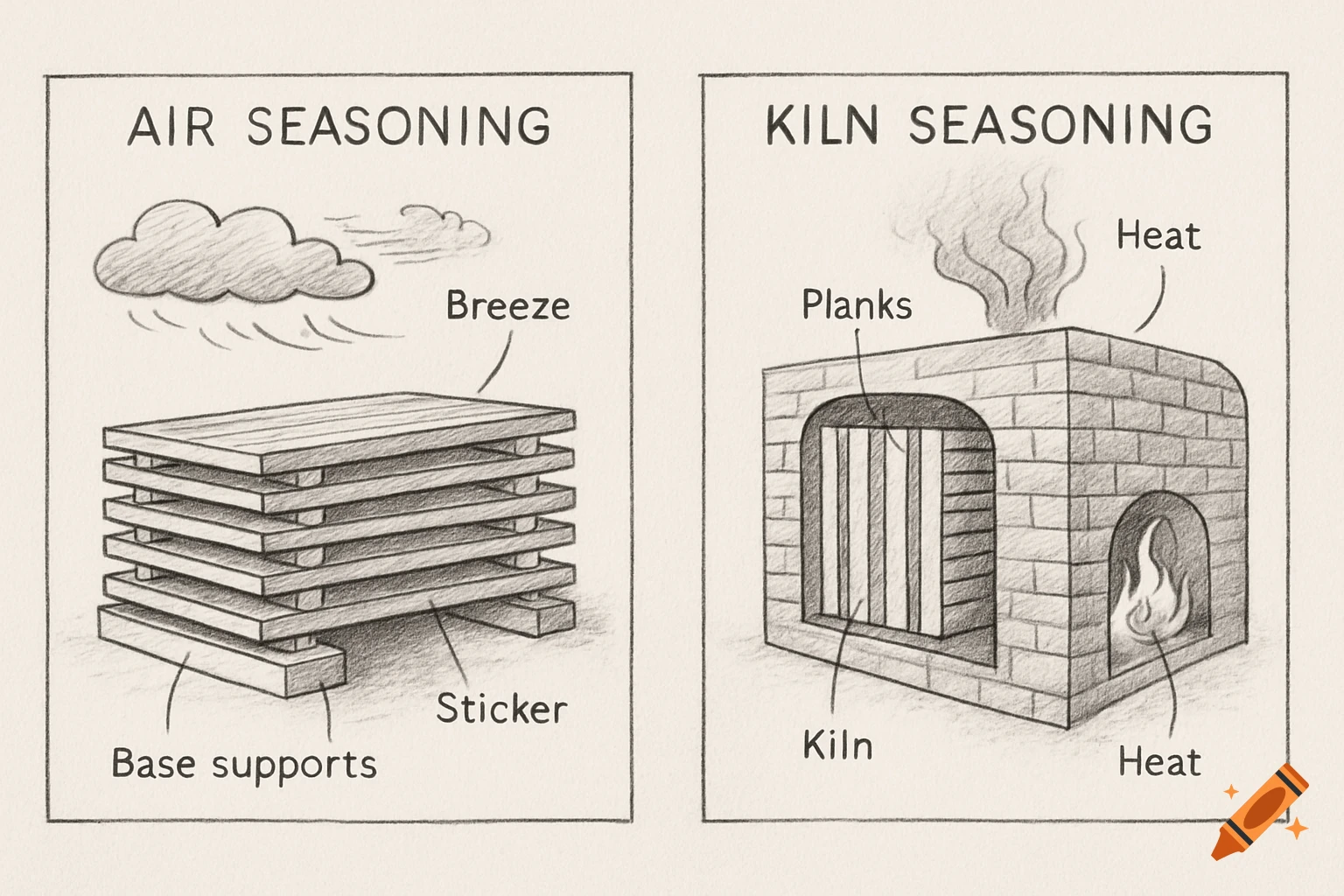A hand-drawn diagram illustrating two methods of wood seasoning: air seasoning with stacked planks and kiln seasoning with planks inside a brick kiln, both labeled.