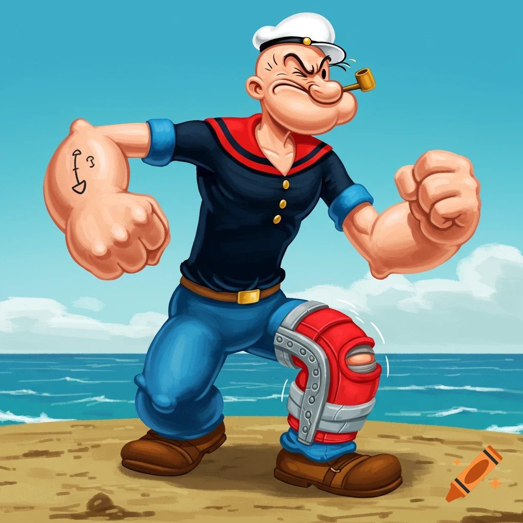 Popeye the Sailor Man stands on a sandy beach, flexing his left arm, with a metal knee brace on his right knee.