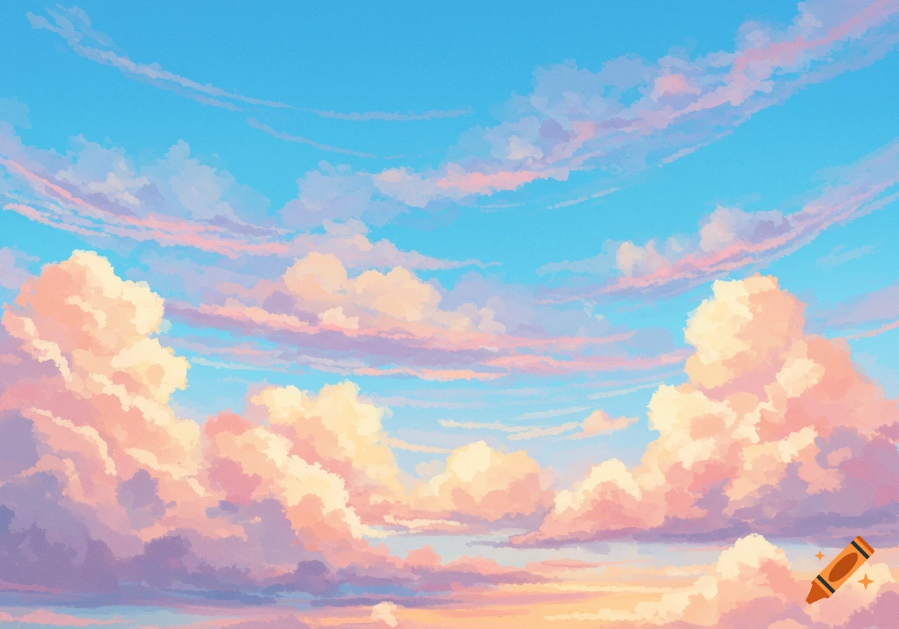 A painted sky filled with fluffy pink, orange, and purple clouds.
