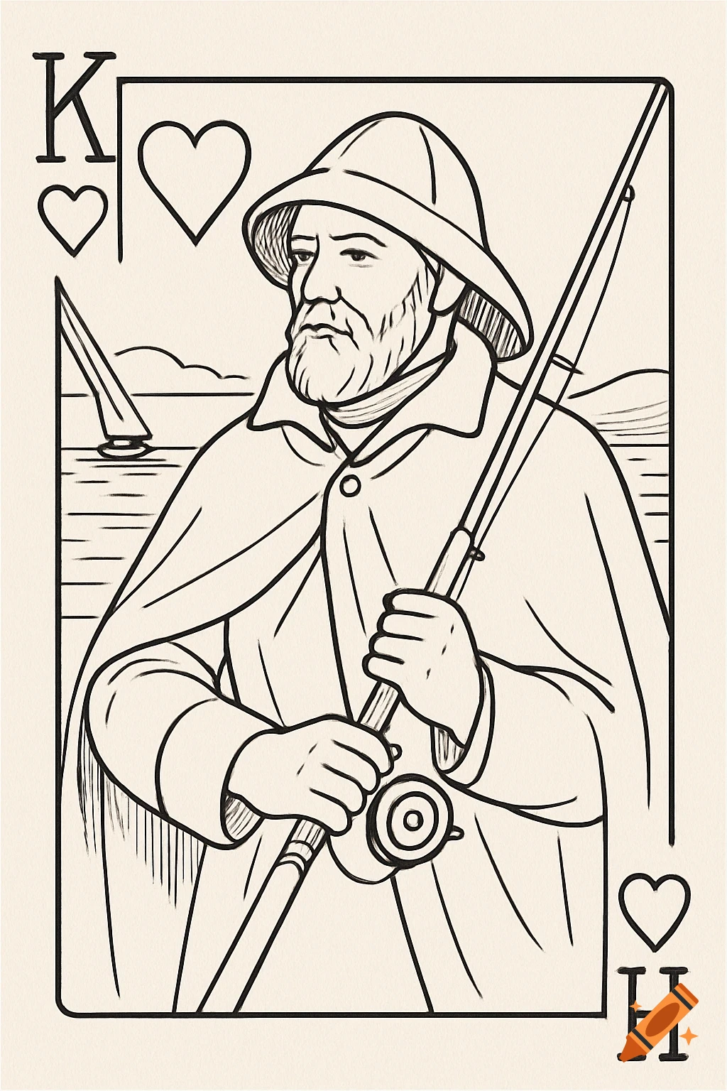Line drawing of a King of Hearts playing card featuring a bearded fisherman in a sou'wester and cape.