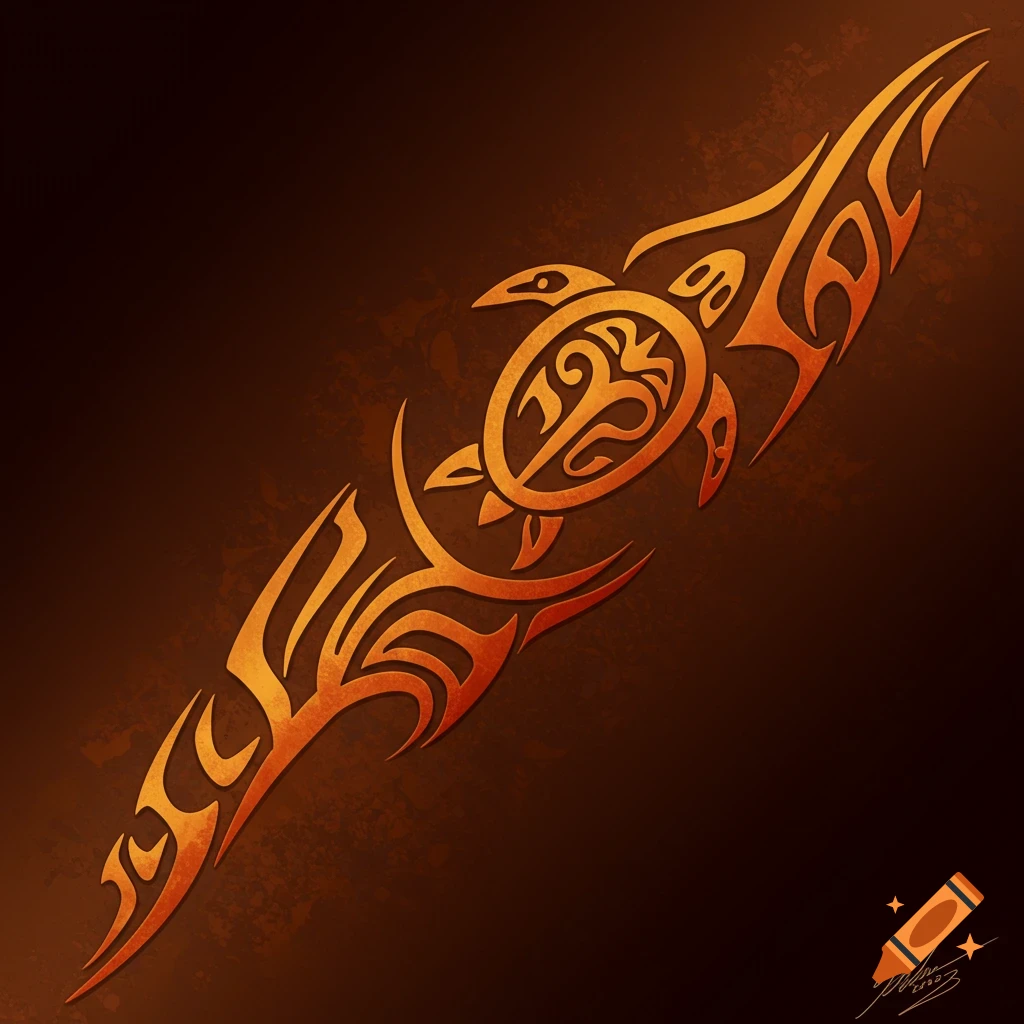 Stylized orange and brown tribal tattoo design featuring a turtle, on a dark brown textured background.