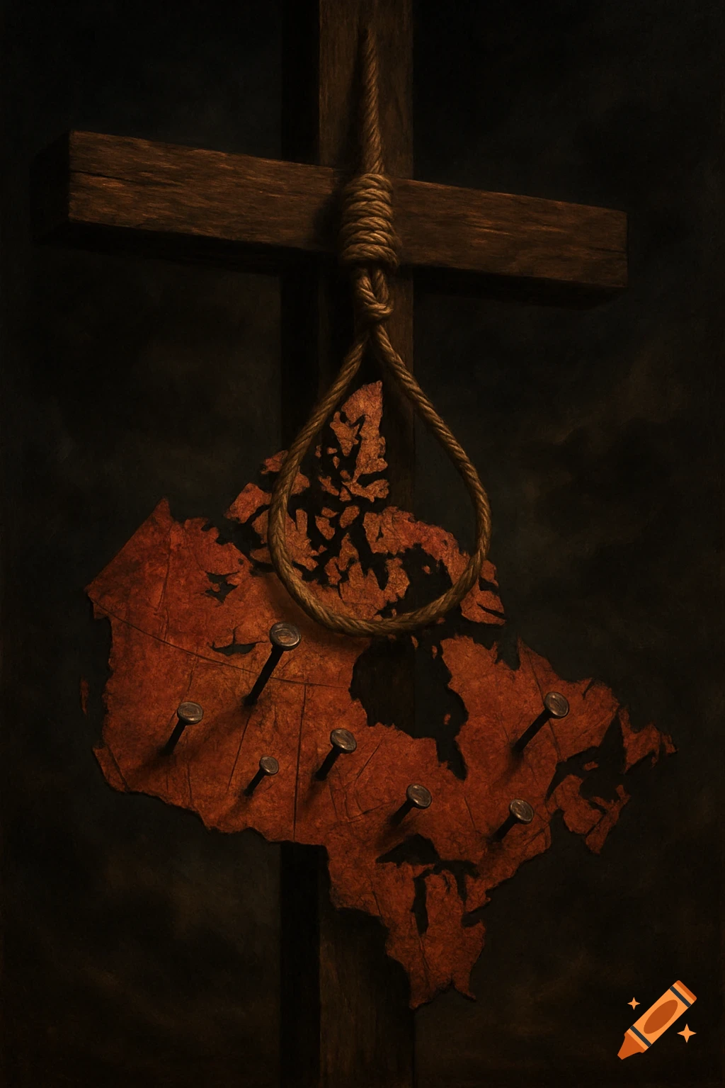 A symbolic artwork depicting a weathered map of Canada nailed to a dark wooden cross with a noose hanging from it, against a dark background.