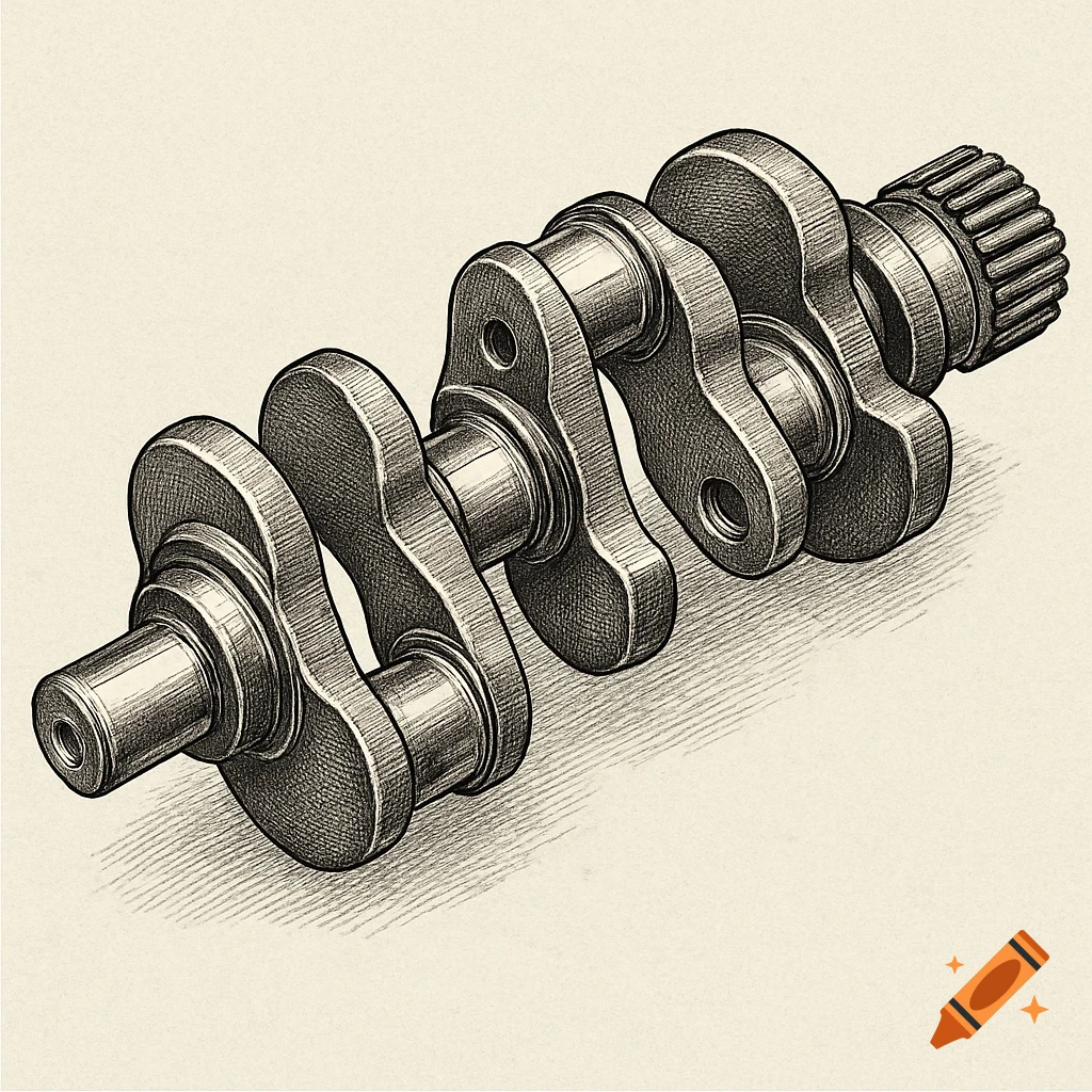 A detailed technical illustration of a crankshaft, showing its counterweights, connecting rod journals, and overall structure.