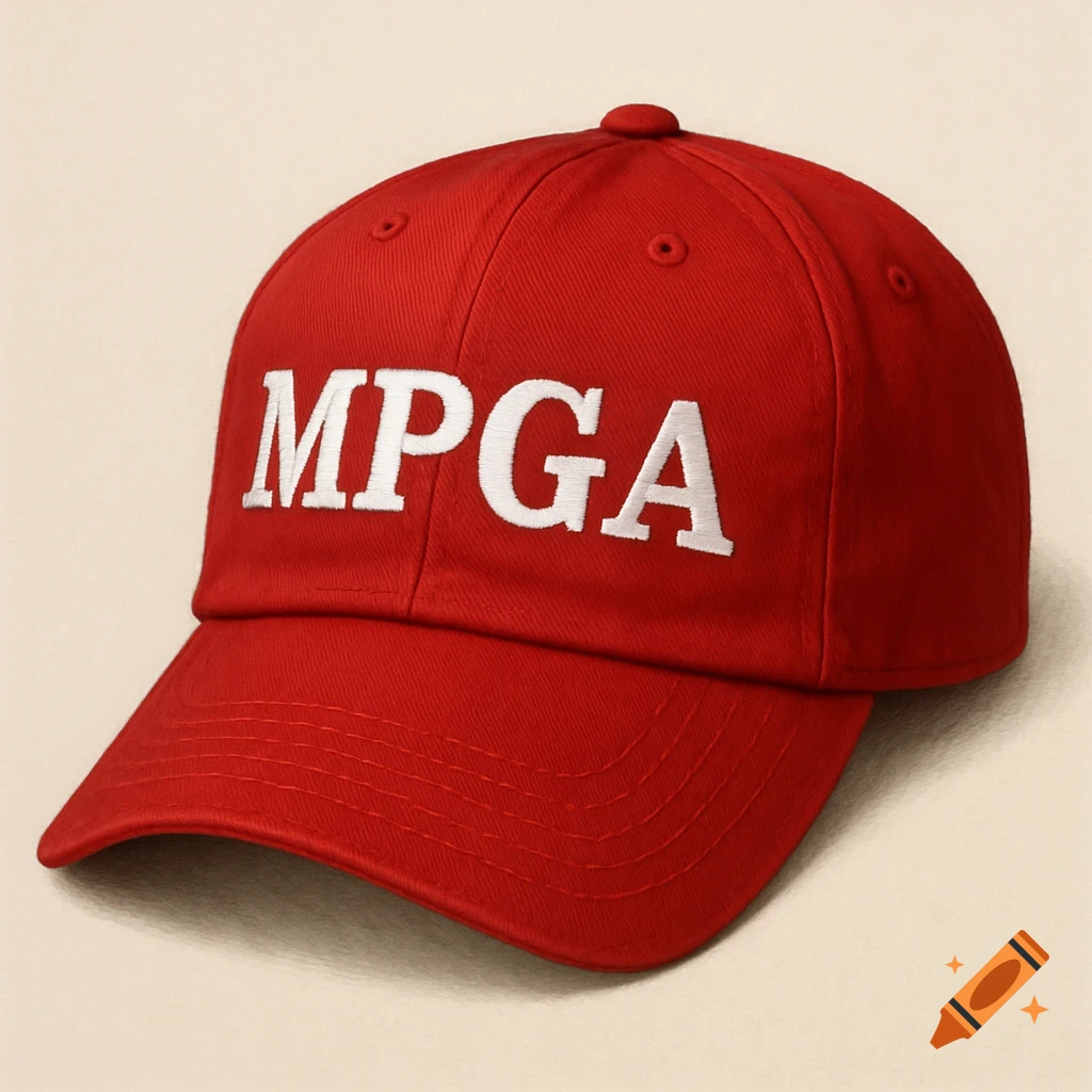 A photorealistic image of a red baseball cap with 'MPGA' in white text.