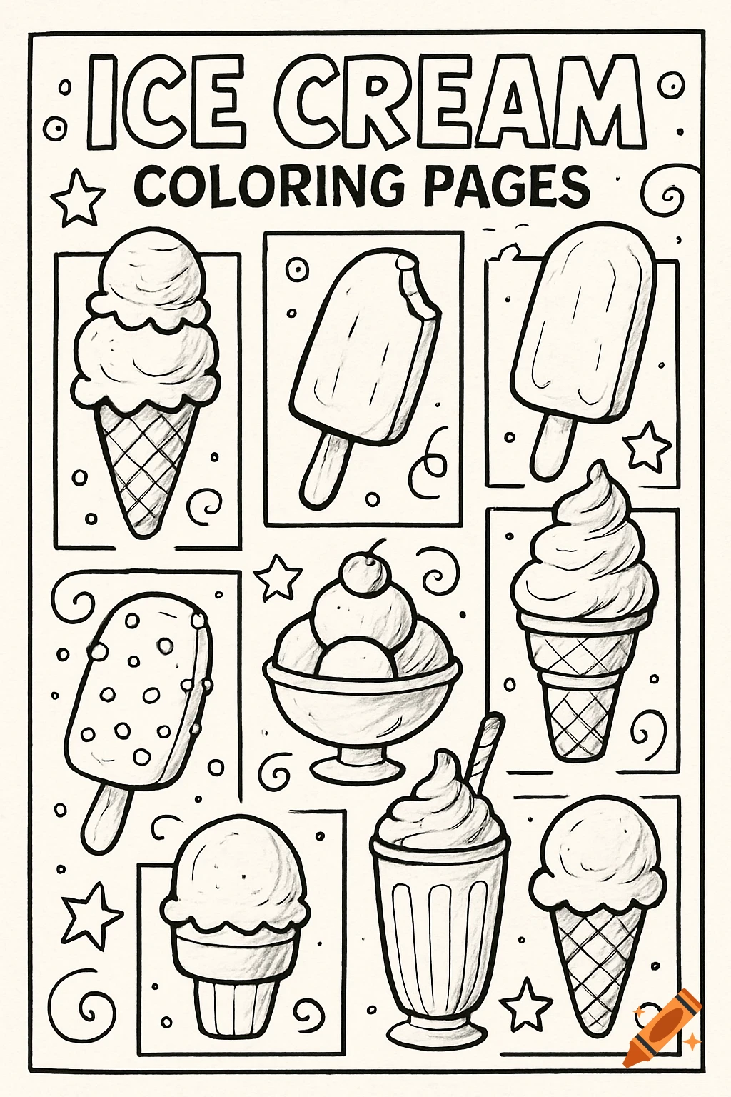 A black and white coloring page titled "ICE CREAM COLORING PAGES" featuring various ice cream treats like cones, popsicles, sundaes, and milkshakes.