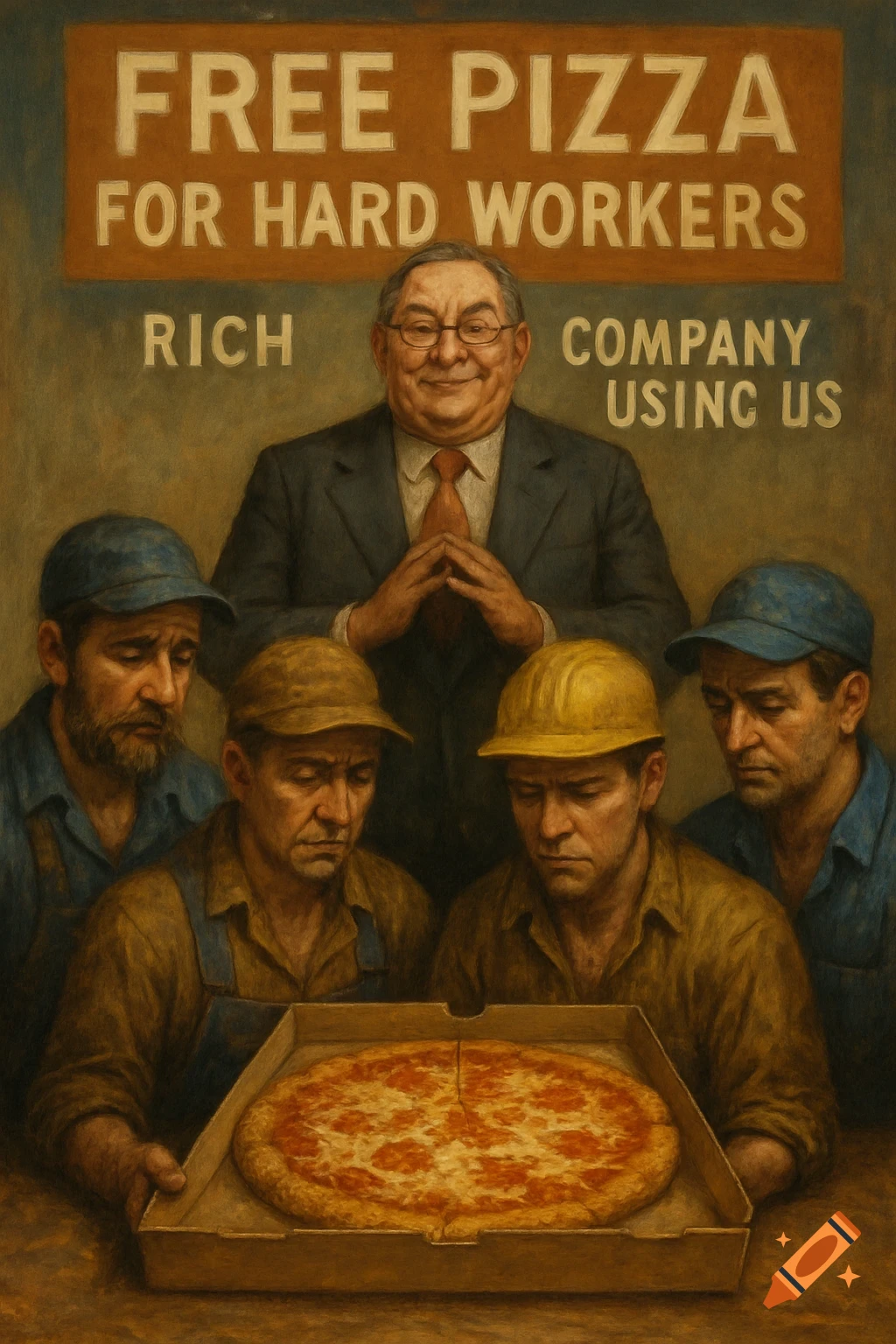 Painting of a smiling man overlooking four weary workers with a pizza box. Text reads "FREE PIZZA FOR HARD WORKERS" and "RICH COMPANY USING US".