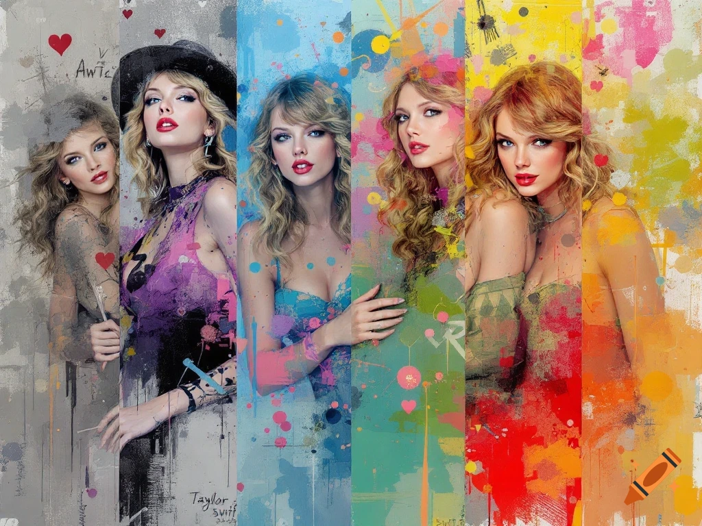Colorful collage of multiple Taylor Swift portraits in an artistic, paint-splatter style, each with a different color scheme.