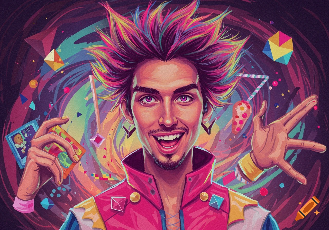 Vibrant pop art portrait of a smiling man with spiky rainbow-colored hair and purple eyes amidst swirling colors and geometric shapes.