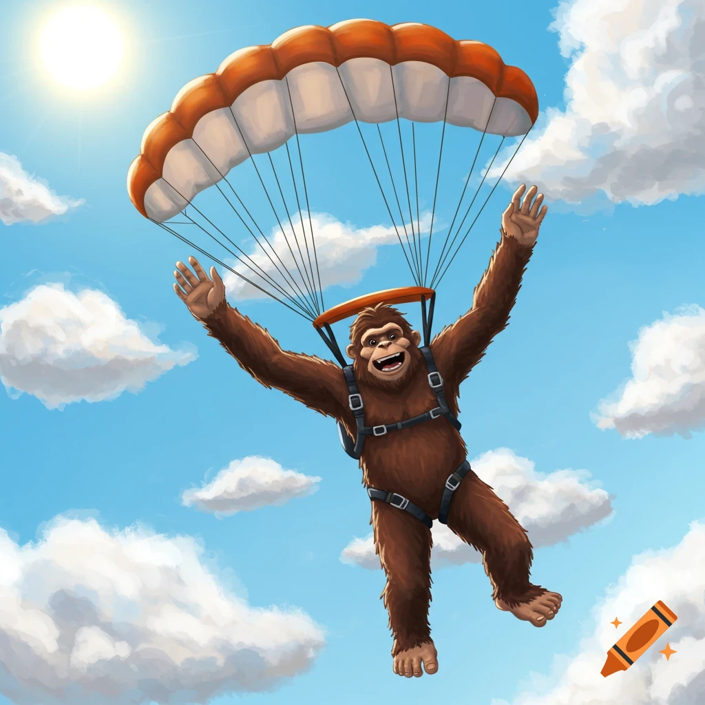 A happy cartoon Bigfoot with brown fur and a wide smile skydives with an orange and white parachute under a bright sun in a blue sky with white clouds.