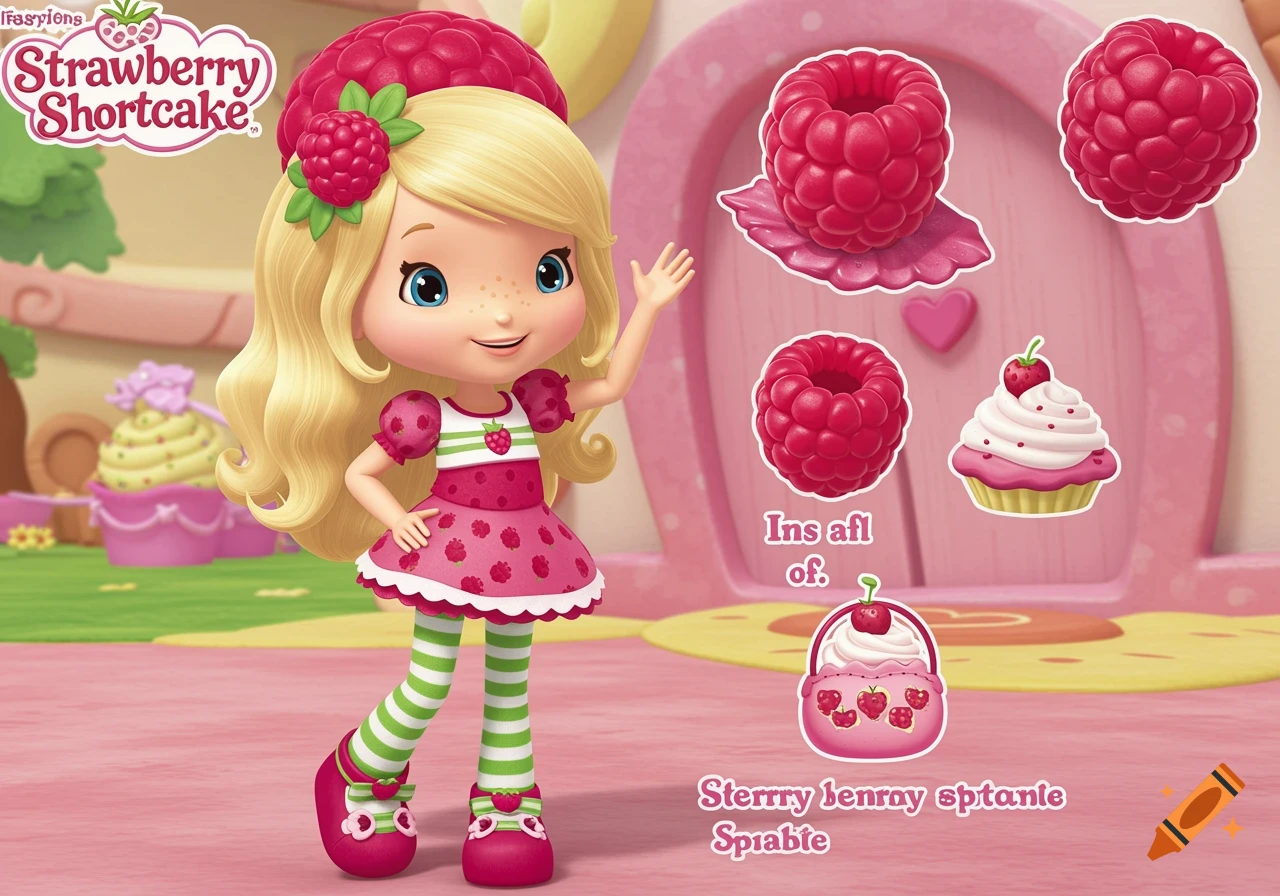 A cartoon girl with blonde hair and a raspberry-themed outfit and hat stands in a pink environment. Various raspberry illustrations and a cupcake are on the right.